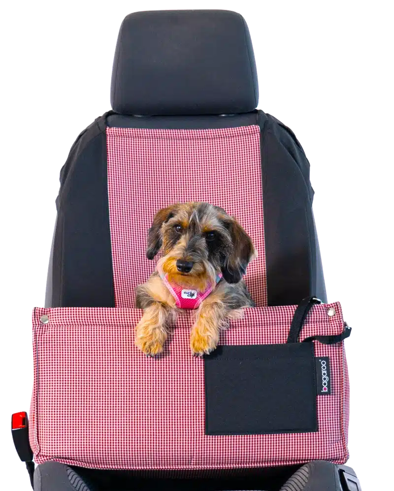 Ein kleiner Hund sitzt bequem und sicher in einem Hunde Autositz auf dem Beifahrersitz eines Autos. Der Autositz ist mit einem weichen, aber dennoch strapazierfähigen Material ausgestattet und bietet eine komfortable Möglichkeit für Ihren Hund, auf Reisen mit Ihnen zu gehen.